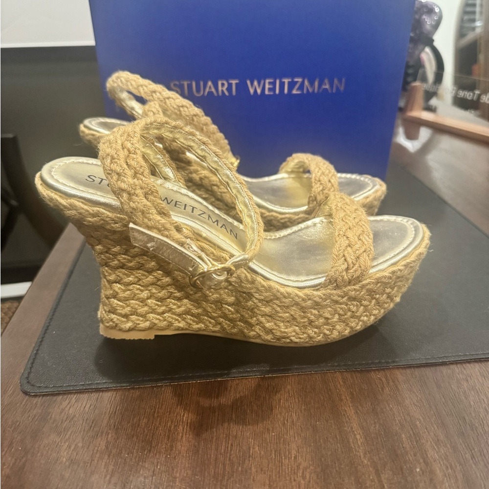 Stuart Weitzman Tan Woven Wedges